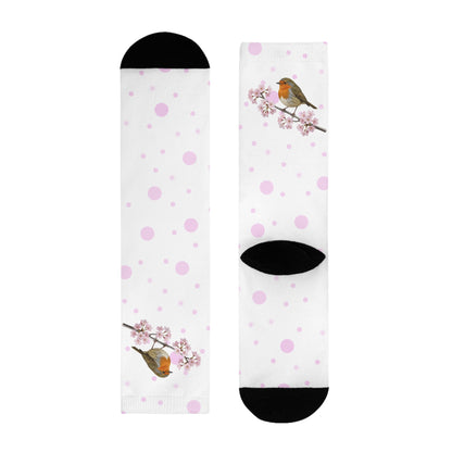 Rotkehlchen Socken mit Kirschblüten | Weiß Rosa gepunktete Vogelmotiv Strümpfe