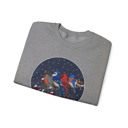 Blue Jay Robin Cardinal Bluebird Wren on a Winter Branch Christmas Bird Sweatshirt