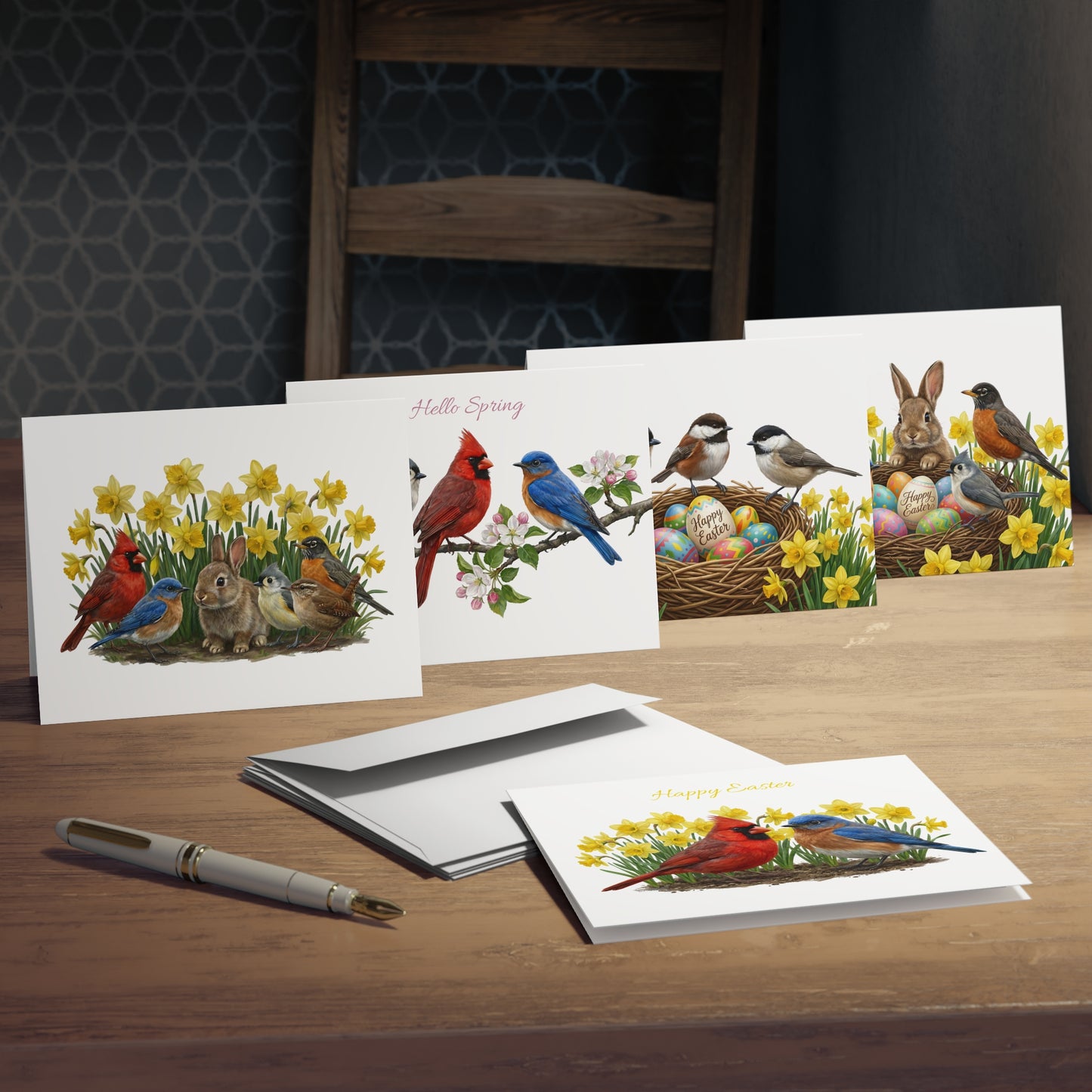 A neat stack of 5 premium uncoated greeting cards with matching white envelopes, showcasing detailed botanical and American backyard bird illustrations.