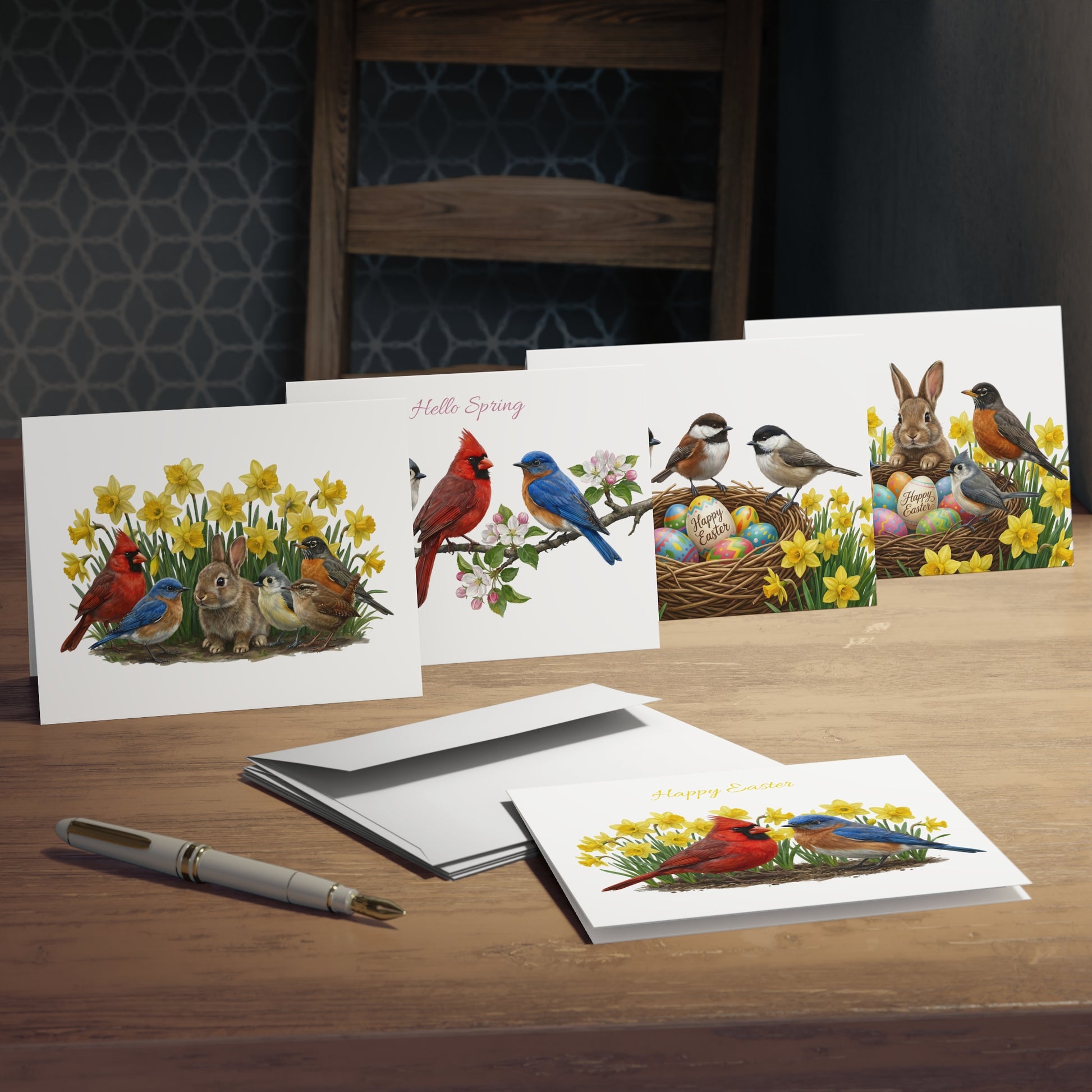 A neat stack of 5 premium uncoated greeting cards with matching white envelopes, showcasing detailed botanical and American backyard bird illustrations.