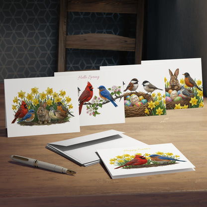 A neat stack of 5 premium uncoated greeting cards with matching white envelopes, showcasing detailed botanical and American backyard bird illustrations.