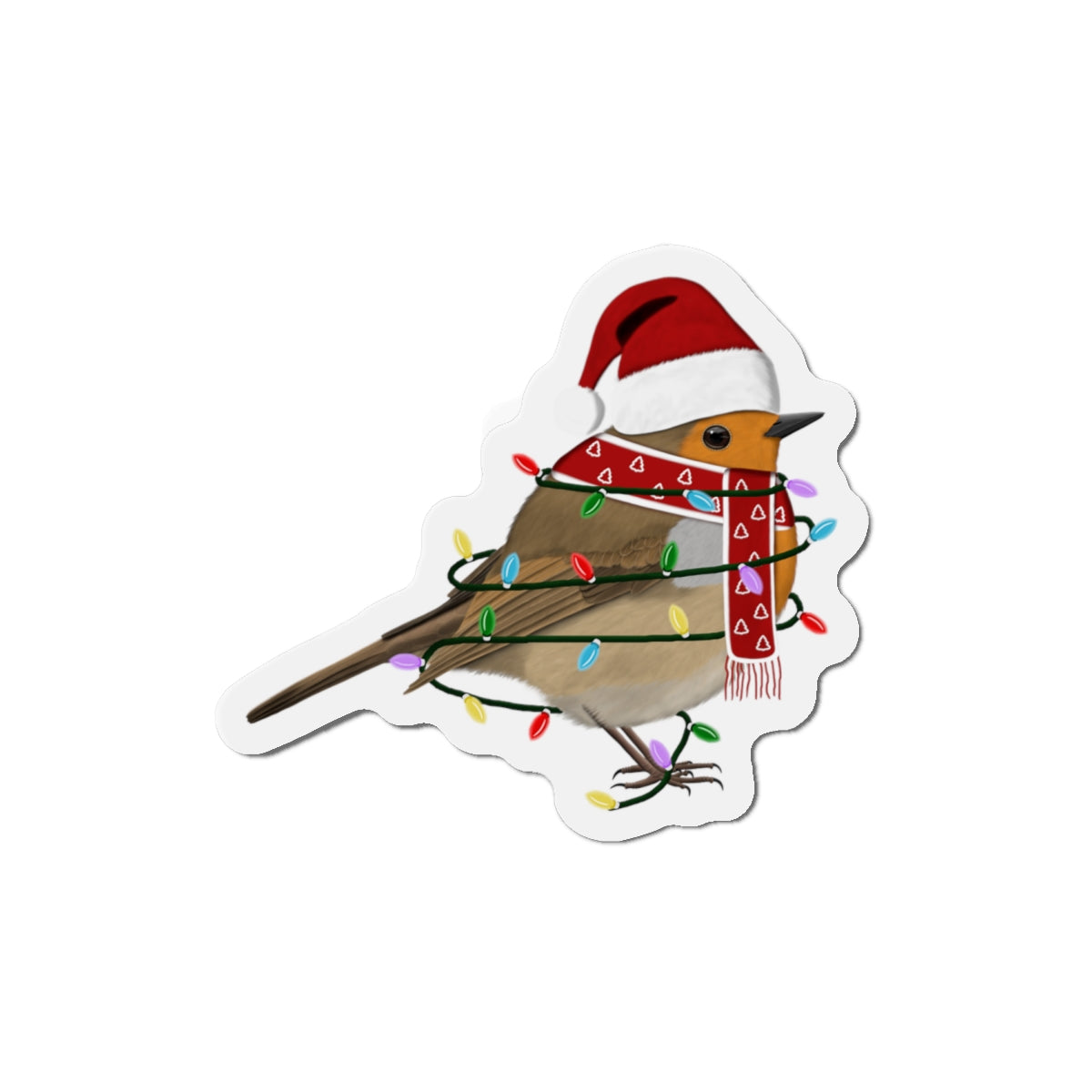 European Robin with Fairy Lights and Scarf Christmas Bird Magnet