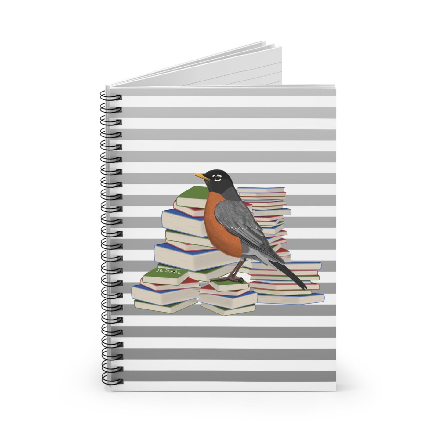 Robin Bird with Books Birdlover Bookworm Spiral Notebook Ruled Line 6" x 8"