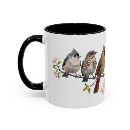 Blue Jay Cardinal Bluebird Little Owl Fledglings Two-Tone Mug | Spring Bird Lover Gift