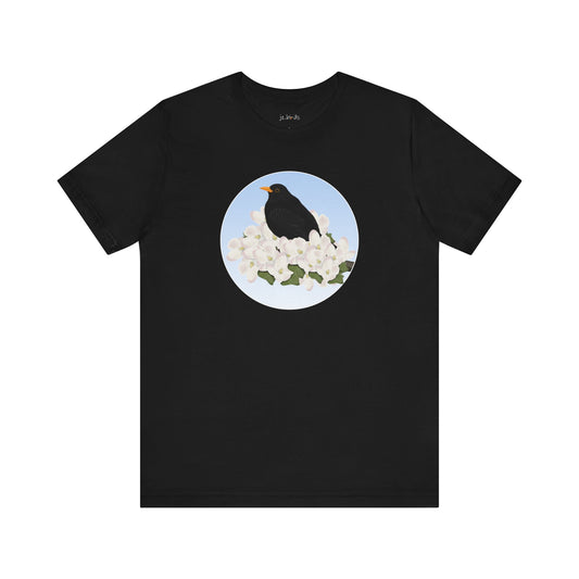 blackbird bird t-shirt with spring blossoms