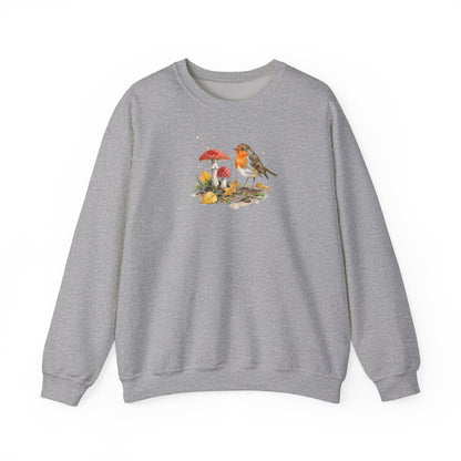 Rotkehlchen Herbst-Sweatshirt – Gemütlicher Pullover mit Herbstlaub & Fliegenpilzen