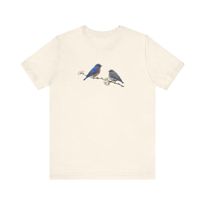 Eastern Bluebird & Fledgling T-Shirt | Spring Blossoms Unisex Graphic Tee