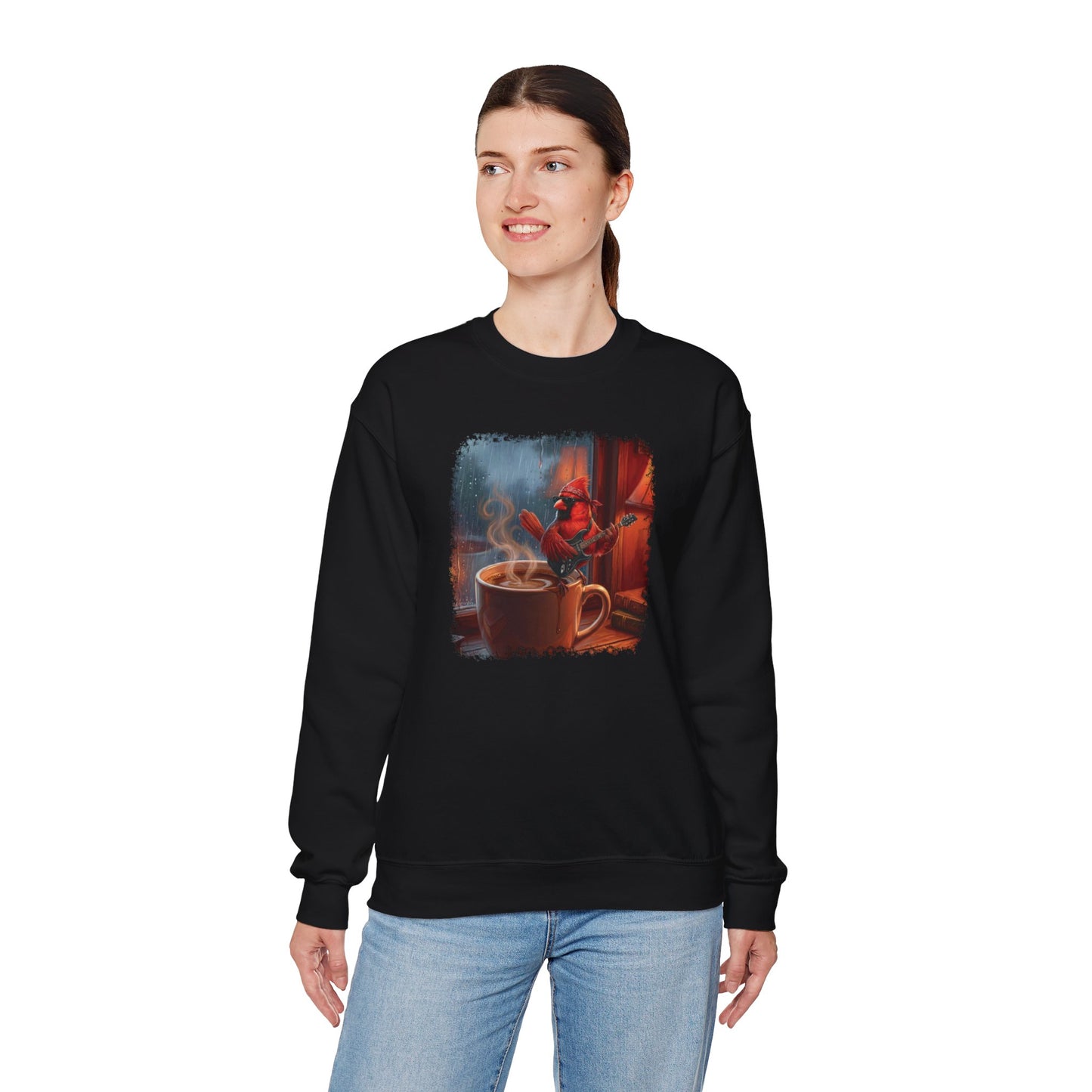 Cozy Rainy Day Coffee Sweatshirt – Vintage Cardinal with Guitar Graphic