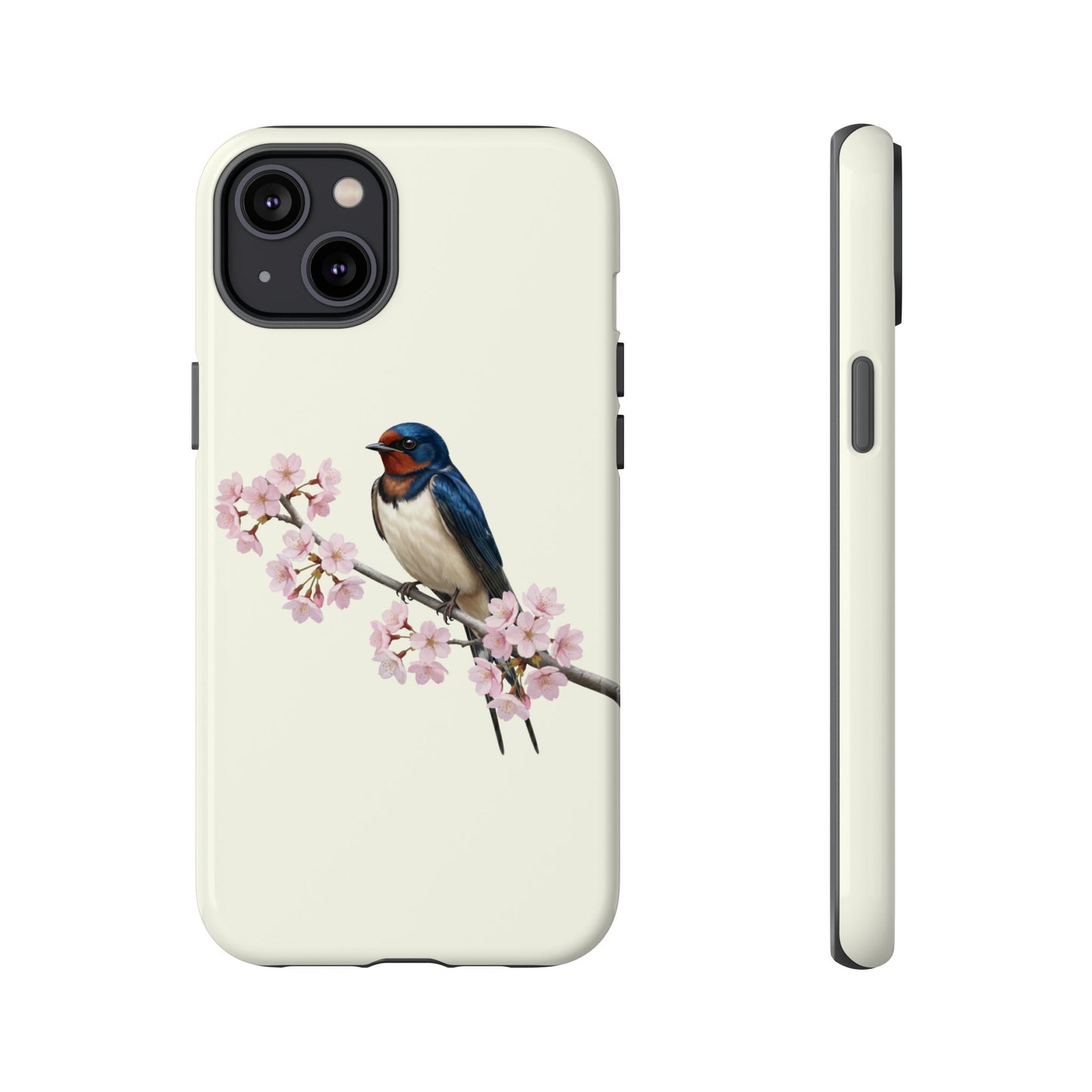 Rauchschwalbe Handyhülle in Cremeweiß | Florales Kirschblüten Vogel-Motiv für iPhone & Google Pixel