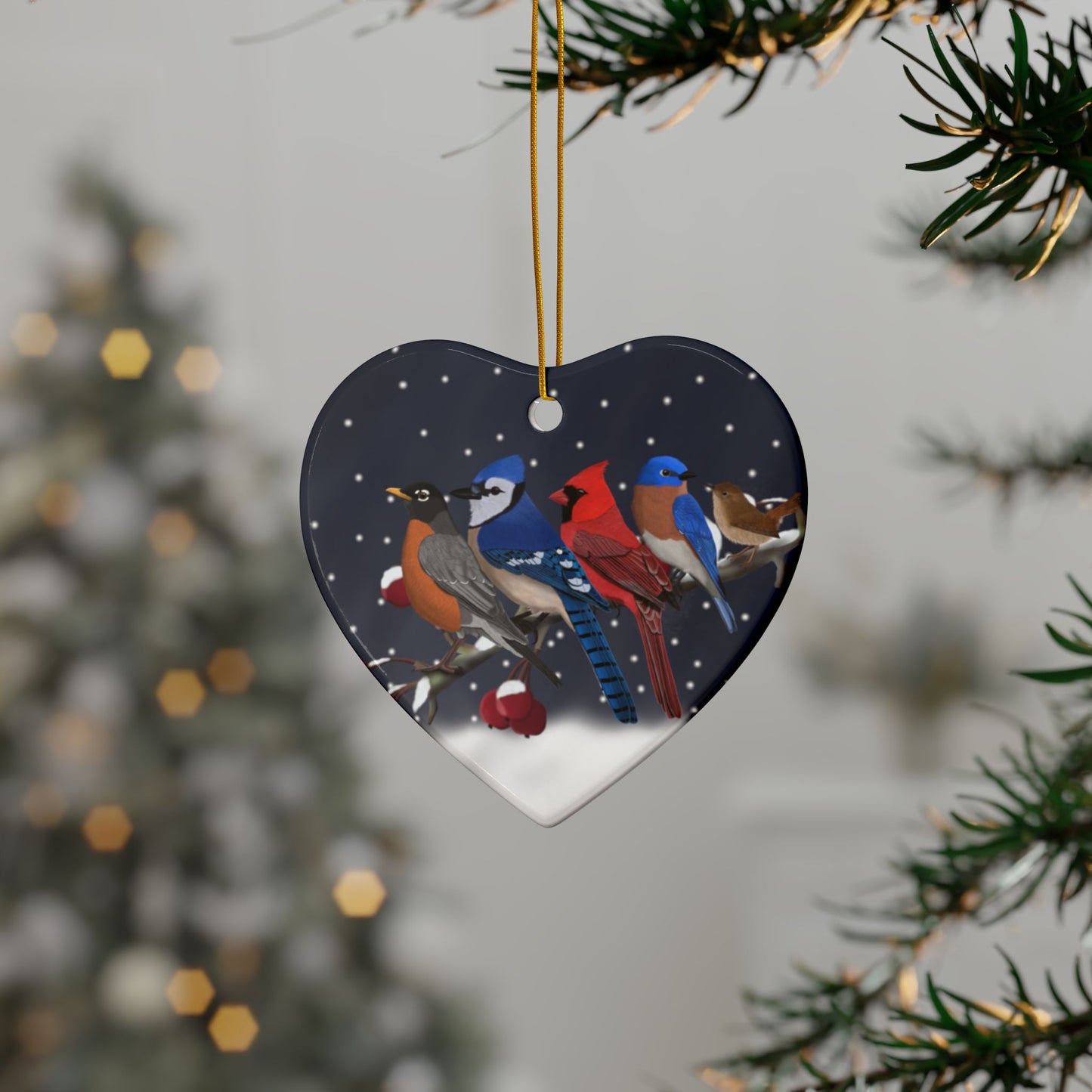 Birds on a Branch Ceramic Christmas Ornament | Durable Double-Sided Bird Lover Decor