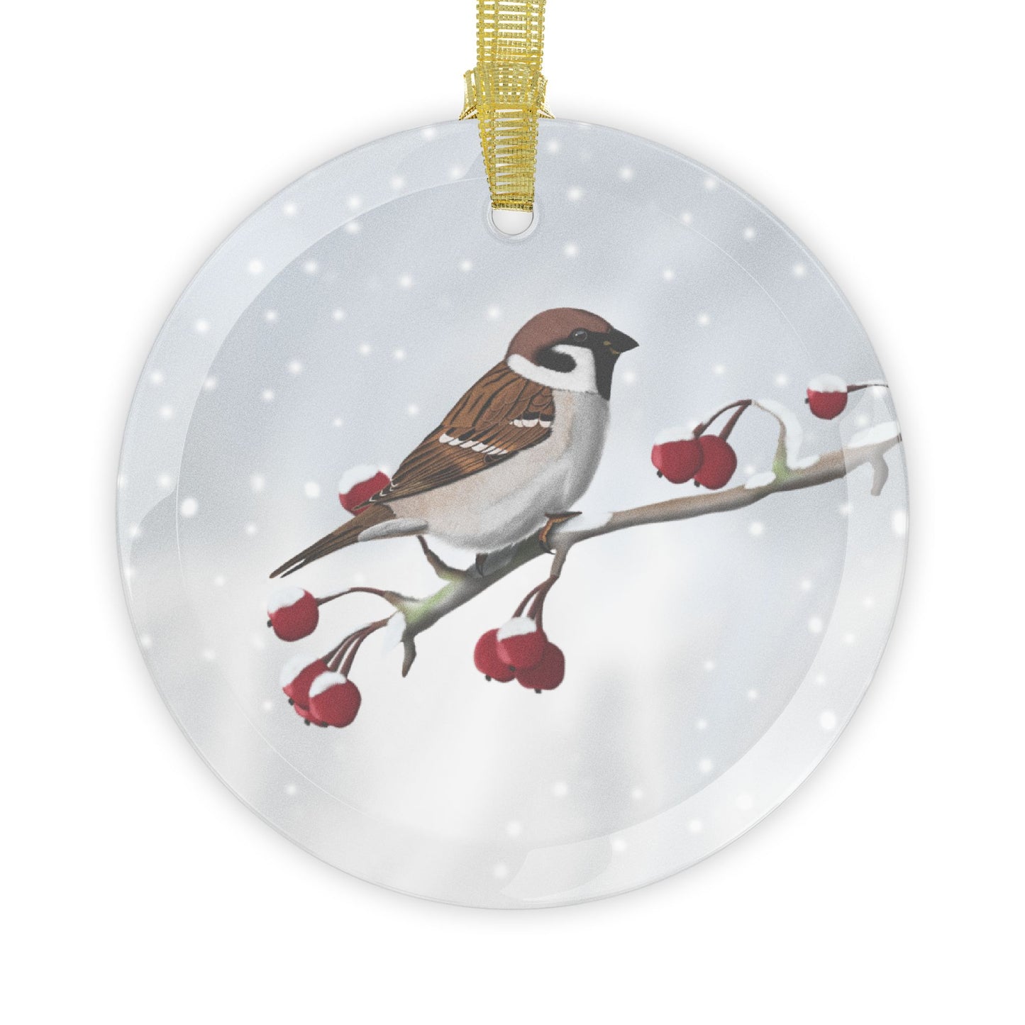 Tree Sparrow Snow Bird Christmas Glass Ornament