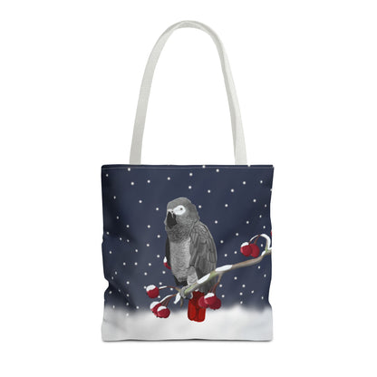 Grey Parrot on a Winter Branch Christmas Bird Tote Bag 16"x16"