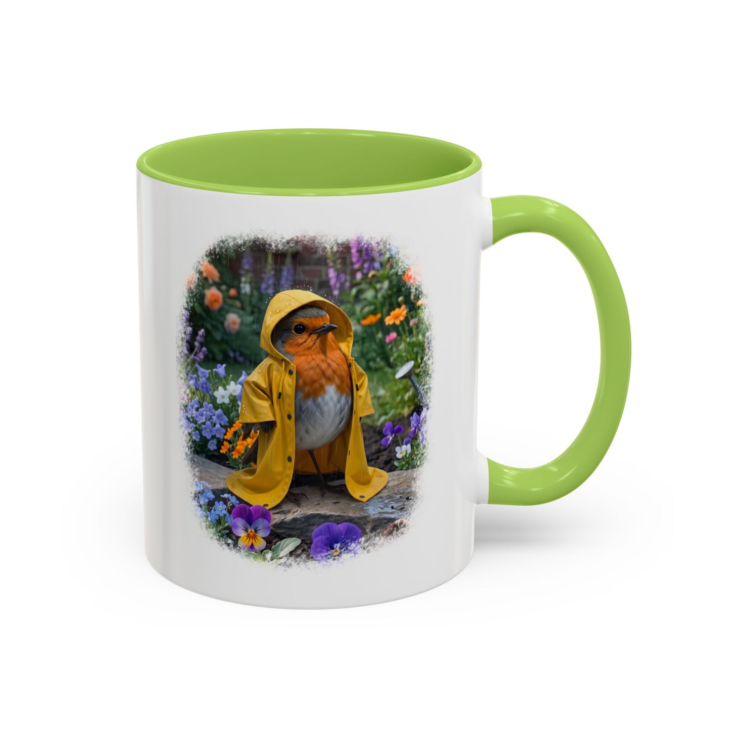 A white ceramic mug with a bright green interior, handle, and rim, featuring a printed illustration of a robin wearing a yellow raincoat amidst colorful flowers.