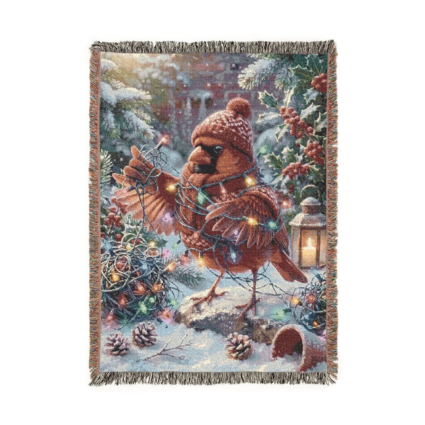 A rectangular woven throw blanket with fringed edges, featuring a festive winter woodland scene with a cardinal bird perched on a branch, pinecones, evergreen branches, warm string lights, and a snowy landscape under a pale sky.