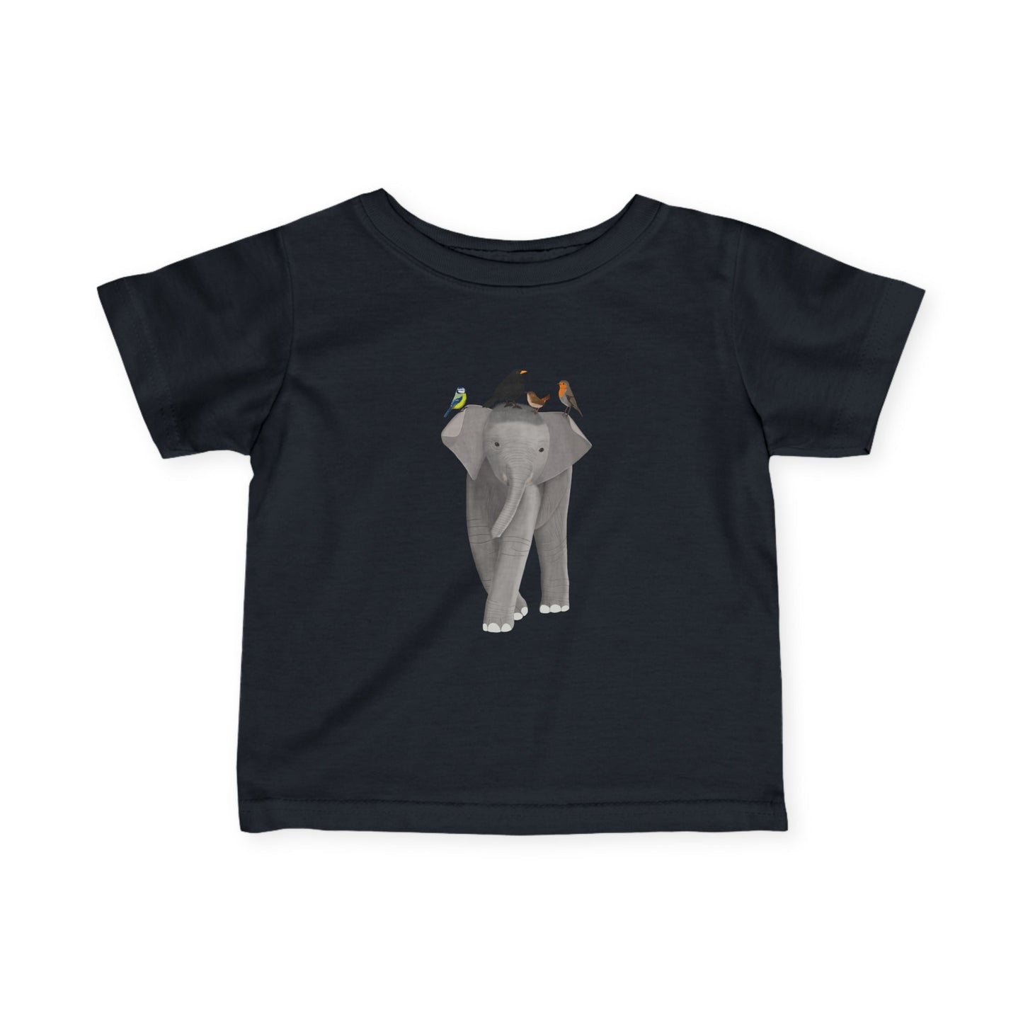 Süßes Elefant mit Amsel Blaumeise Rotkehlchen Zaunkönig Vogel Tiermotiv T-Shirt für Babys und Kleinkinder