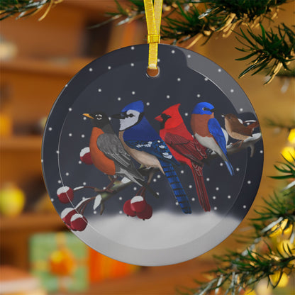 Robin Blue Jay Cardinal Bluebird Wren on a Winter Branch Christmas Bird Glass Ornament