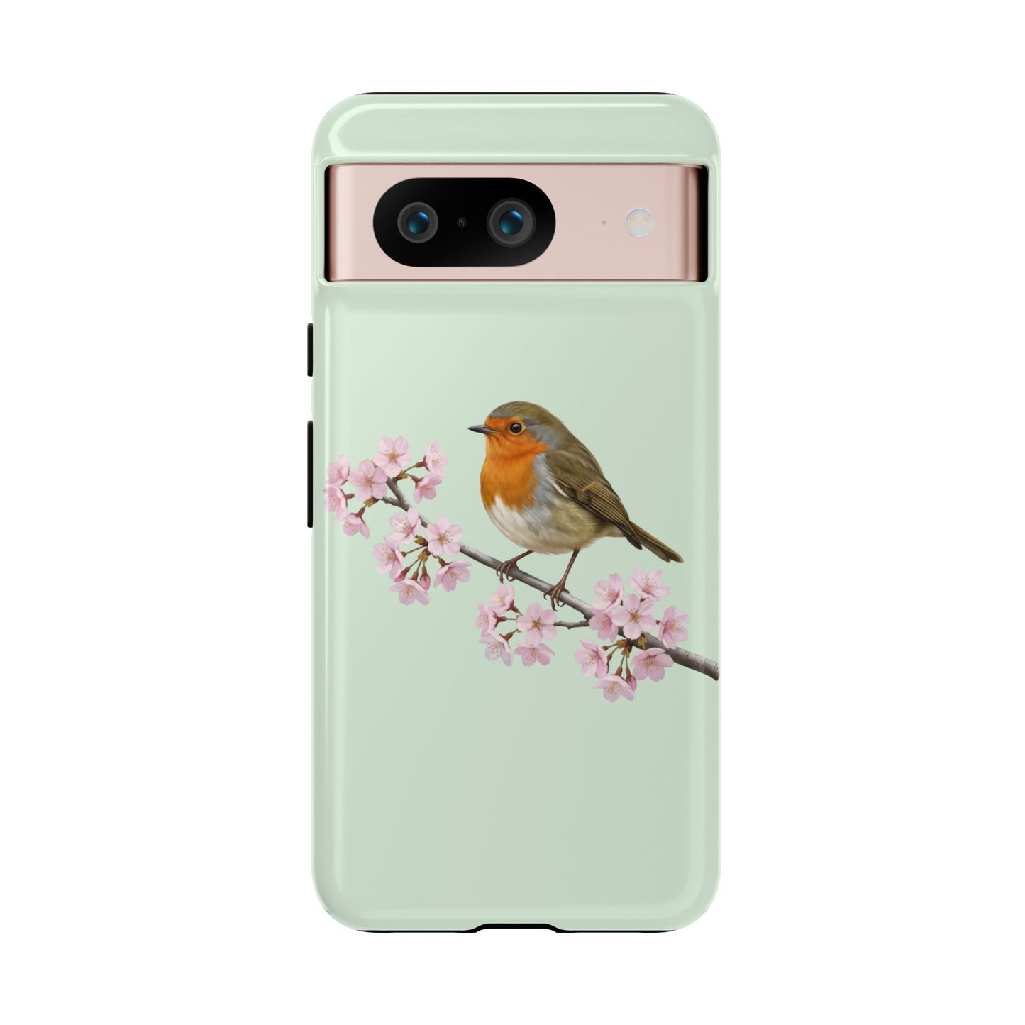 Rotkehlchen Handyhülle in Salbeigrün | Florales Kirschblüten Vogel-Motiv für iPhone & Google Pixel