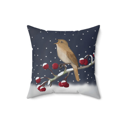 Nightingale on a Winter Branch Christmas Bird Pillow