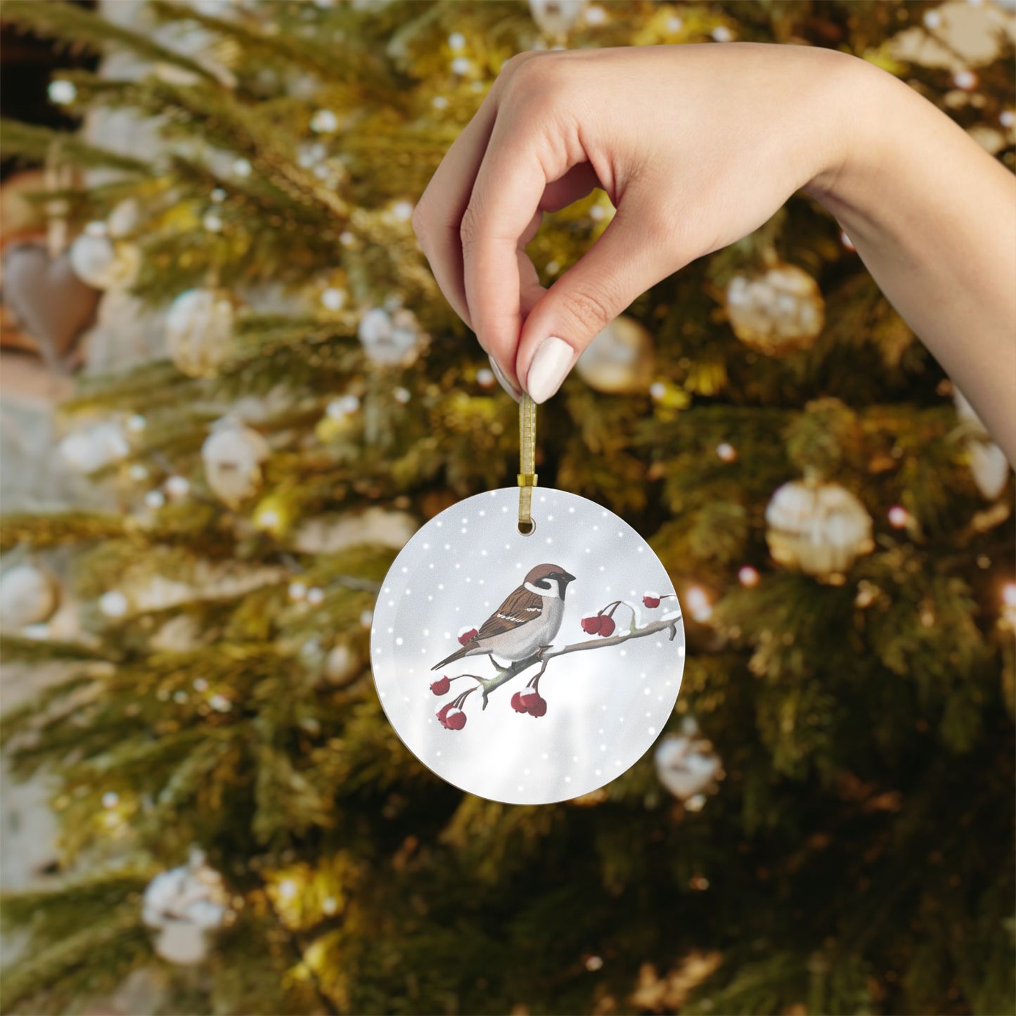 Tree Sparrow Snow Bird Christmas Glass Ornament White