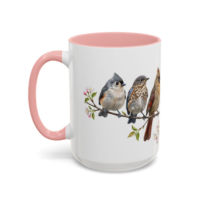 Blue Jay Cardinal Bluebird Little Owl Fledglings Two-Tone Mug | Spring Bird Lover Gift