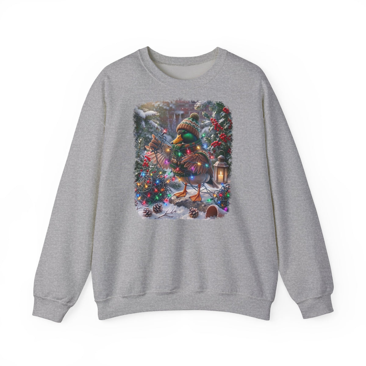 Premium Sweatshirt Ente und die Lichterkette im winterlichen Garten für Vogelfreunde