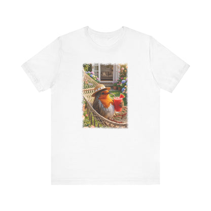 T-Shirt mit Rosi Rotkehlchen Motiv in der Hängematte für Vogelfreunde