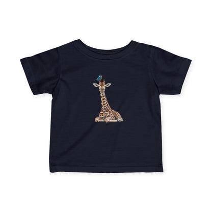 Süße Baby Giraffe mit Eisvogel Vogel Tiermotiv T-Shirt für Babys und Kleinkinder