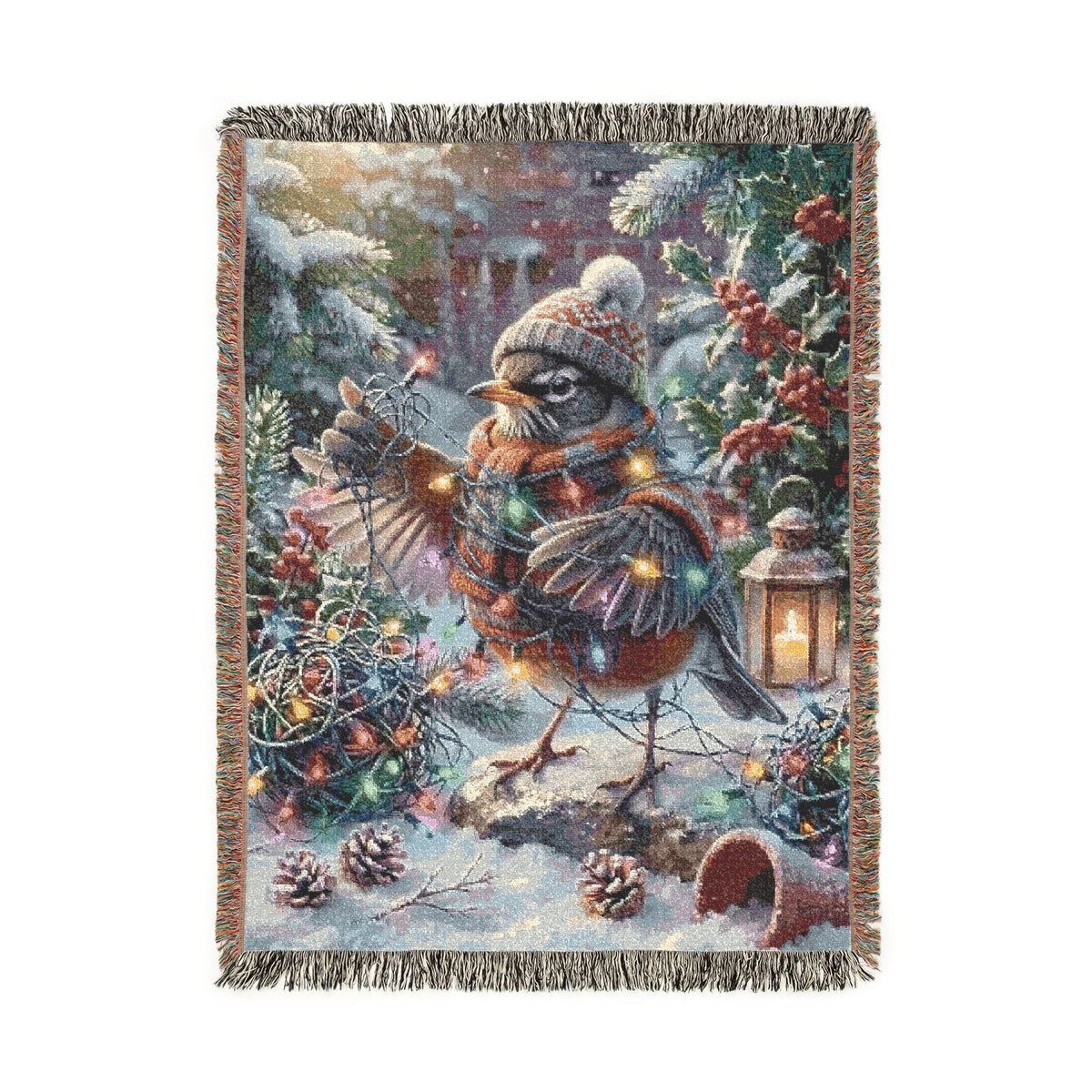 A rectangular woven throw blanket with fringed edges, featuring a whimsical winter scene with a robin, evergreen branches, pinecones, and warm string lights on a white background.