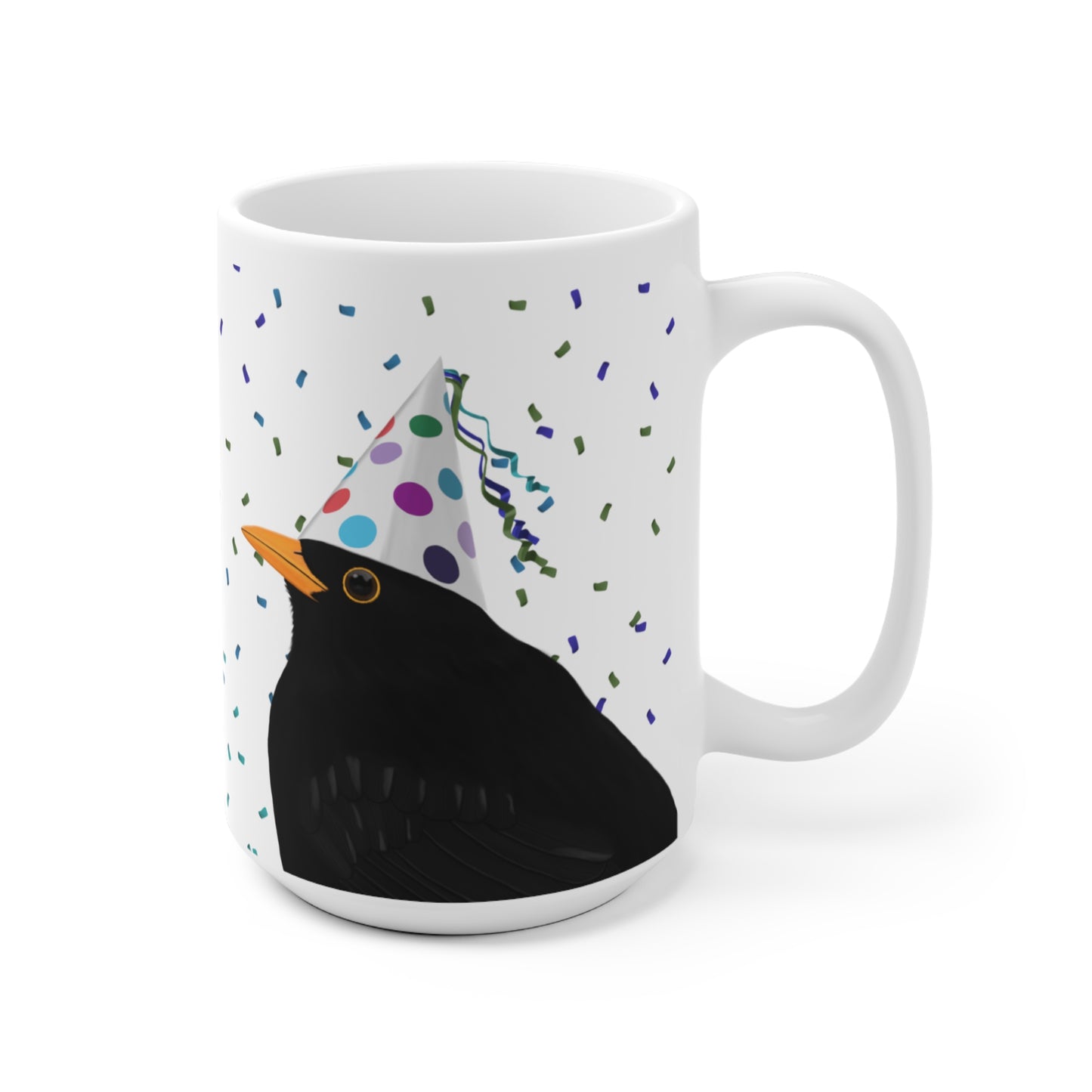 Amsel feiert Geburtstag mit Partyhut und Konfetti Vogel Tasse