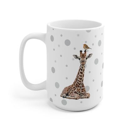 Rotkehlchen mit einer Baby Giraffe Vogel Tiermotiv Tasse Punkte Grau