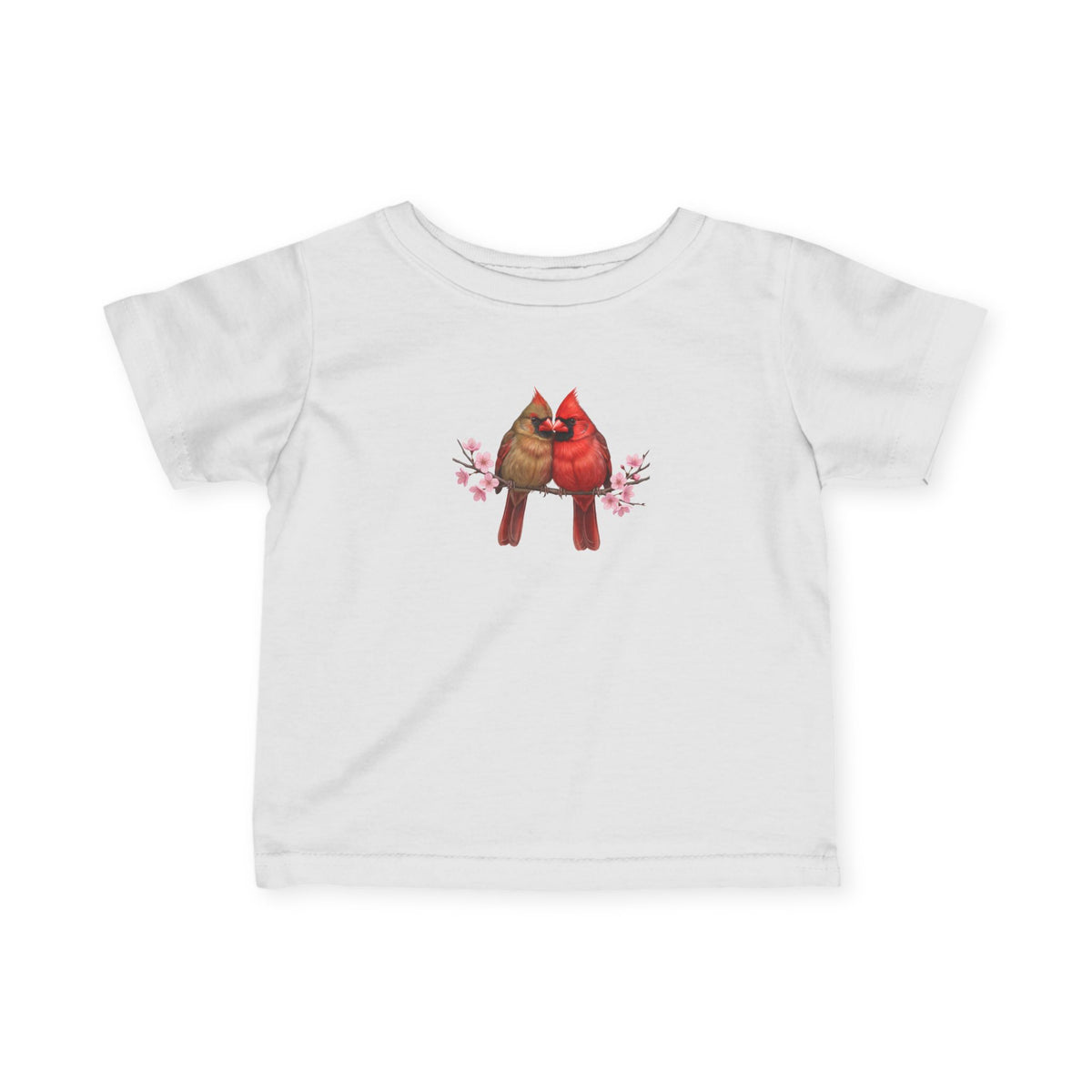A white short-sleeve baby t-shirt featuring a graphic print of two red cardinals perched on a branch with pink blossoms, displayed against a solid white background.