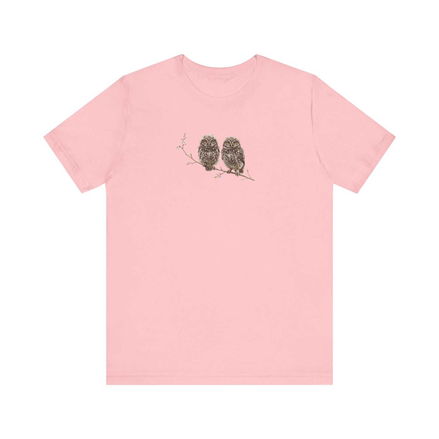 Little Owl Fledgling T-Shirt | Spring Blossoms Unisex Graphic Tee for Bird Watchers