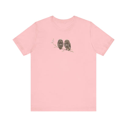 Little Owl Fledgling T-Shirt | Spring Blossoms Unisex Graphic Tee for Bird Watchers