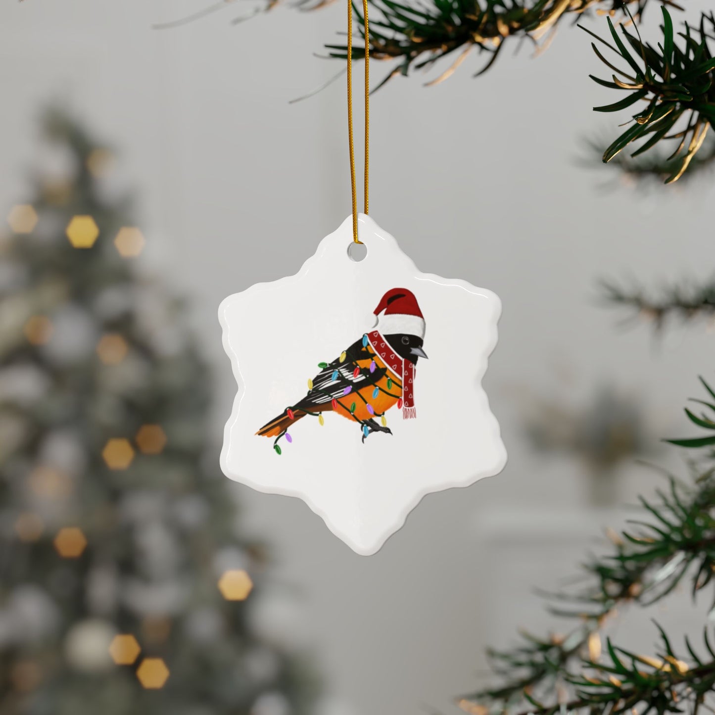 Baltimore Oriole as Santa Ceramic Bird Christmas Ornament | Durable Double-Sided Bird Lover Decor