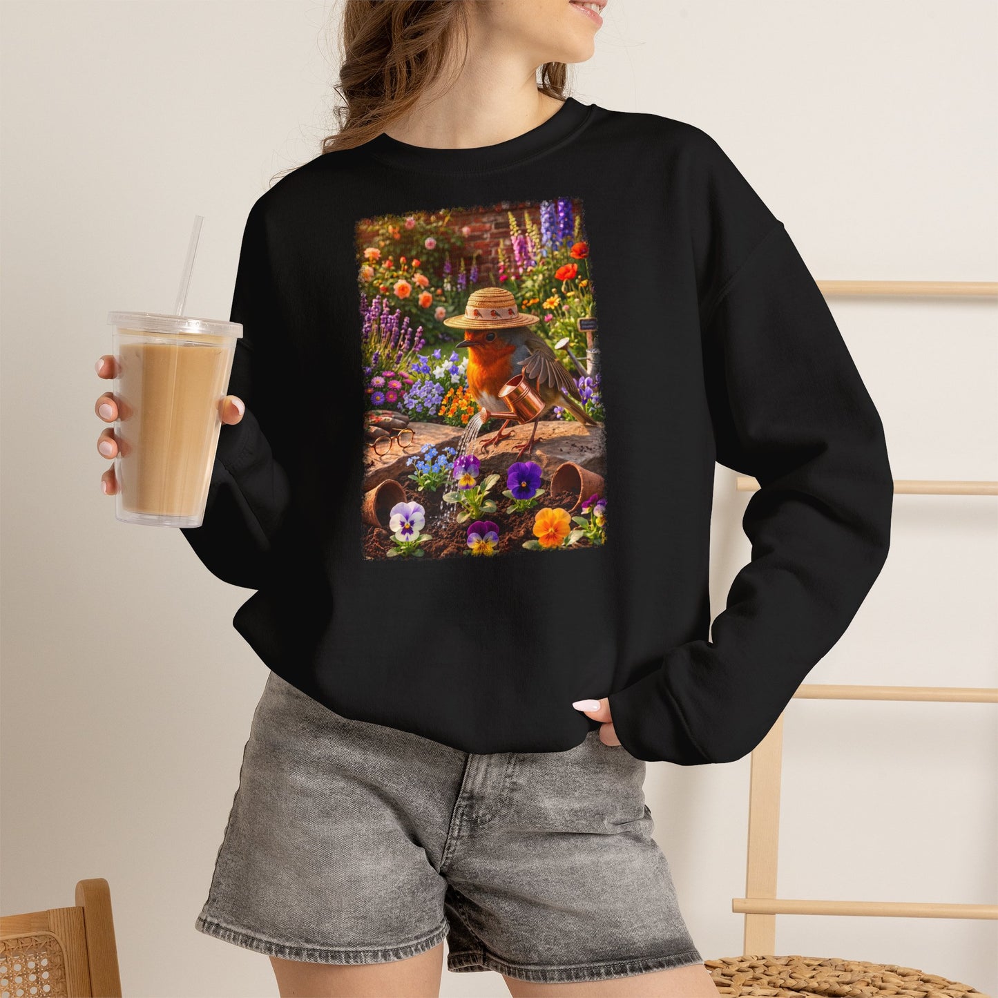 Niedliches Rotkehlchen Sweatshirt beim Blumen gießen | Gemütlicher Garten-Pullover