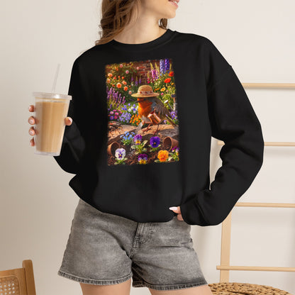 Niedliches Rotkehlchen Sweatshirt beim Blumen gießen | Gemütlicher Garten-Pullover