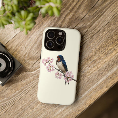 Rauchschwalbe Handyhülle in Cremeweiß | Florales Kirschblüten Vogel-Motiv für iPhone & Google Pixel