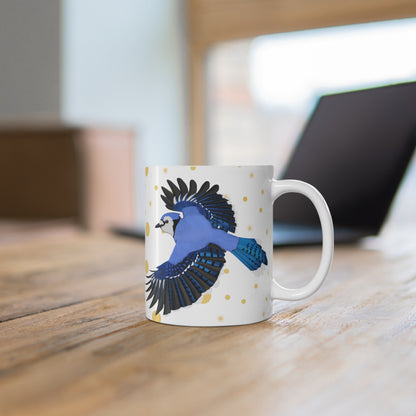 Blue Jay Bird Ceramic Mug White Golden Dots 11oz