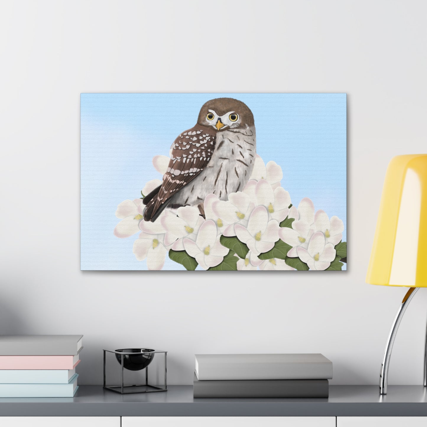 Little Owl in Spring Blossoms Bird Canvas Gallery Wrap