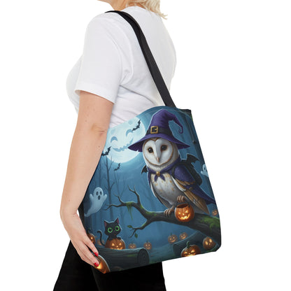 Barn Owl Halloween Tote Bag: Purple Cape & Witch Hat | 16"x16" Polyester | Bird Decor Accessory