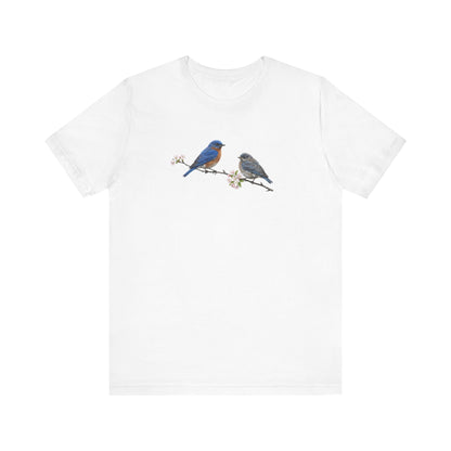 Eastern Bluebird & Fledgling T-Shirt | Spring Blossoms Unisex Graphic Tee