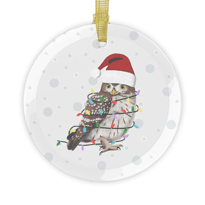 Owl as Santa Claus with Fairy Lights Christmas Glass Ornament