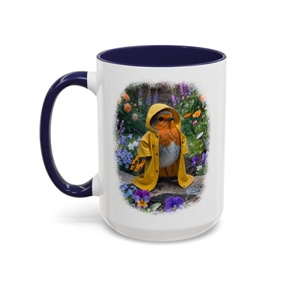 Robin Rosi Yellow Raincoat Garden Premium Mug for Bird Lovers