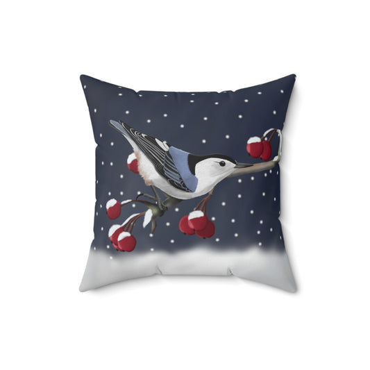 Nuthatch on a Winter Branch Christmas Bird Pillow