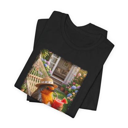 T-Shirt mit Rosi Rotkehlchen Motiv in der Hängematte für Vogelfreunde