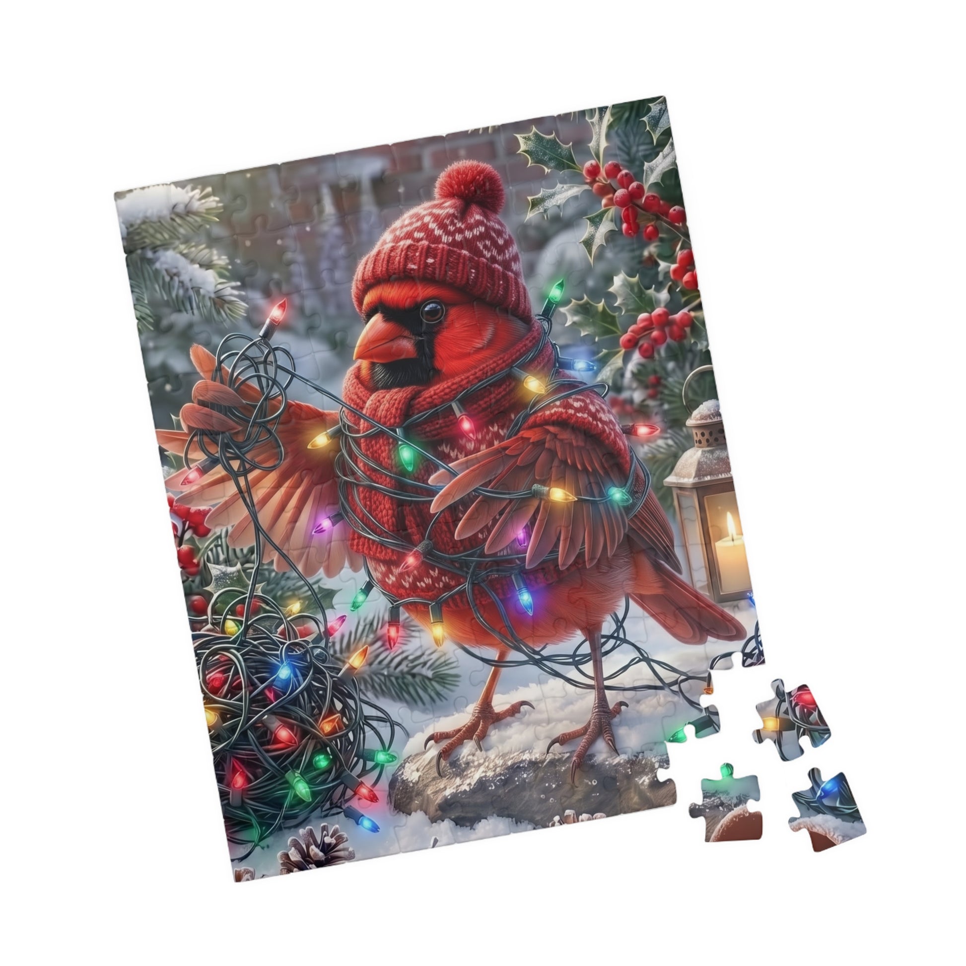A completed jigsaw puzzle showing a northern cardinal wearing a knit hat and scarf with colorful holiday lights, displayed at an angle with several loose puzzle pieces beside it on a white background.