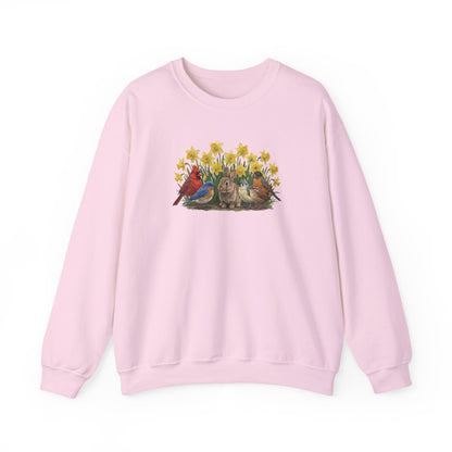 Spring & Easter Sweatshirt – Bunny, Cardinal & Bluebird | Cozy Bird Lover Crewneck