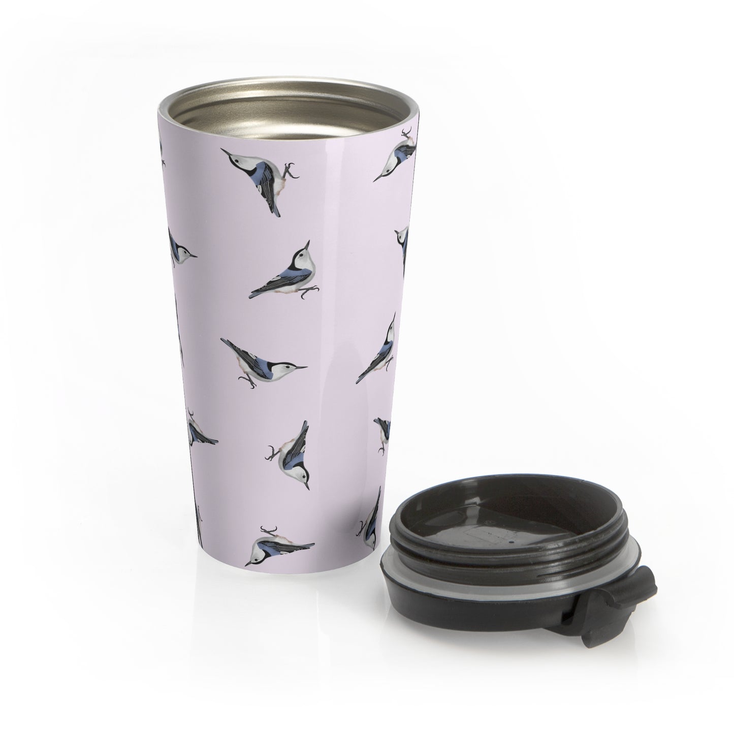 White-breasted Nuthatch All Over Pattern Travel Tumbler Light Pink | 15oz Birdwatching Coffee Mug –