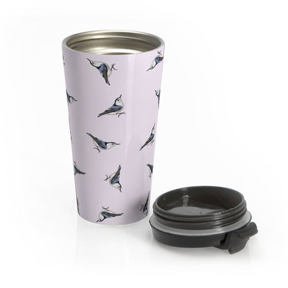White-breasted Nuthatch All Over Pattern Travel Tumbler Light Pink | 15oz Birdwatching Coffee Mug –