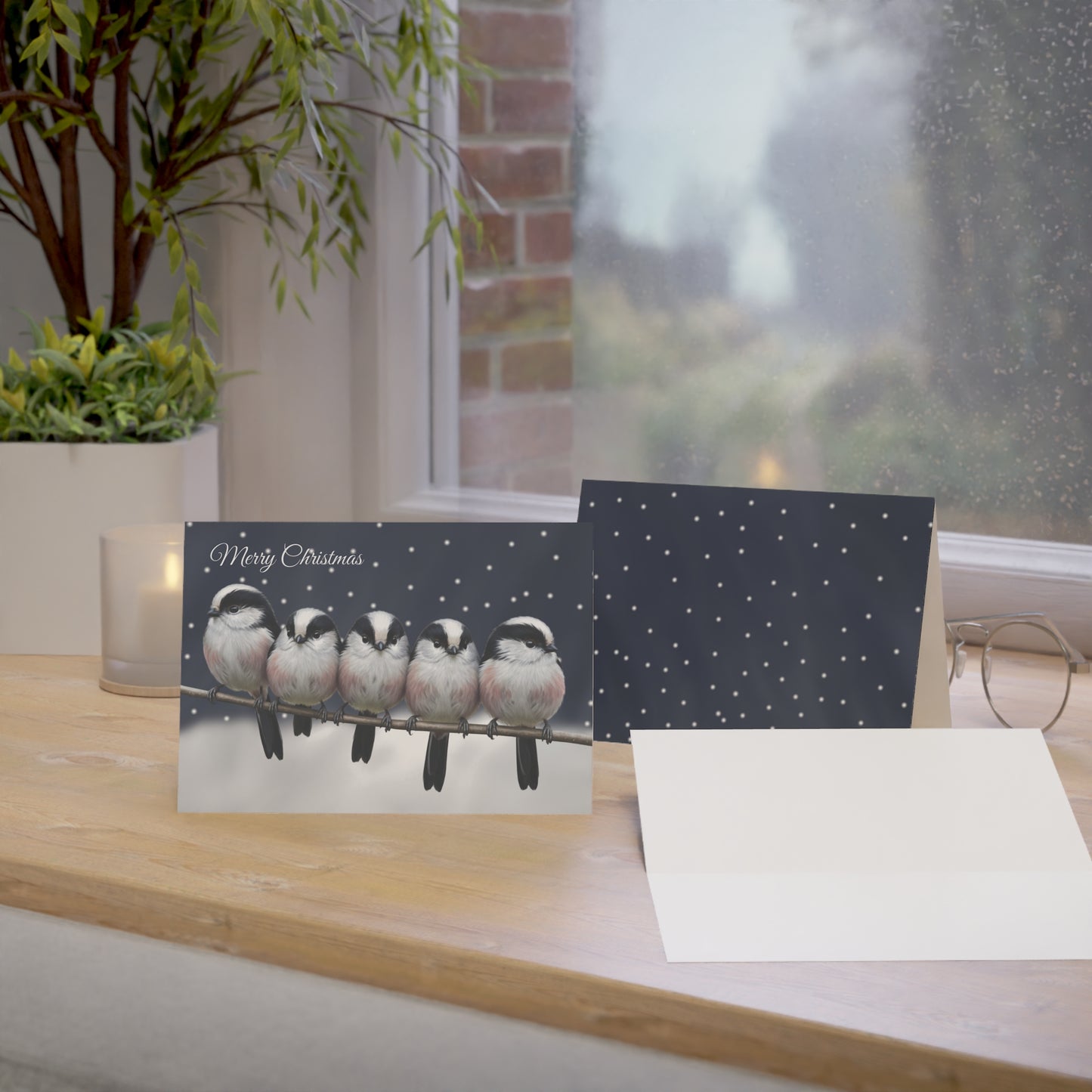 Long Tailed Titmice Bird Art Premium Christmas Card 7x5" | Double-Sided Matte Holiday Greeting